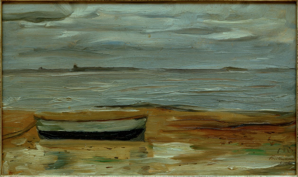 Pláž s šedou lodí a šedým mořem od Max Beckmann
