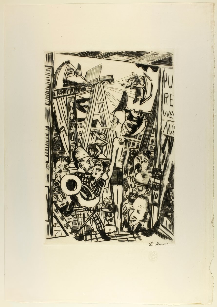 Vysoký muž, deska pět z Jahrmarktu od Max Beckmann
