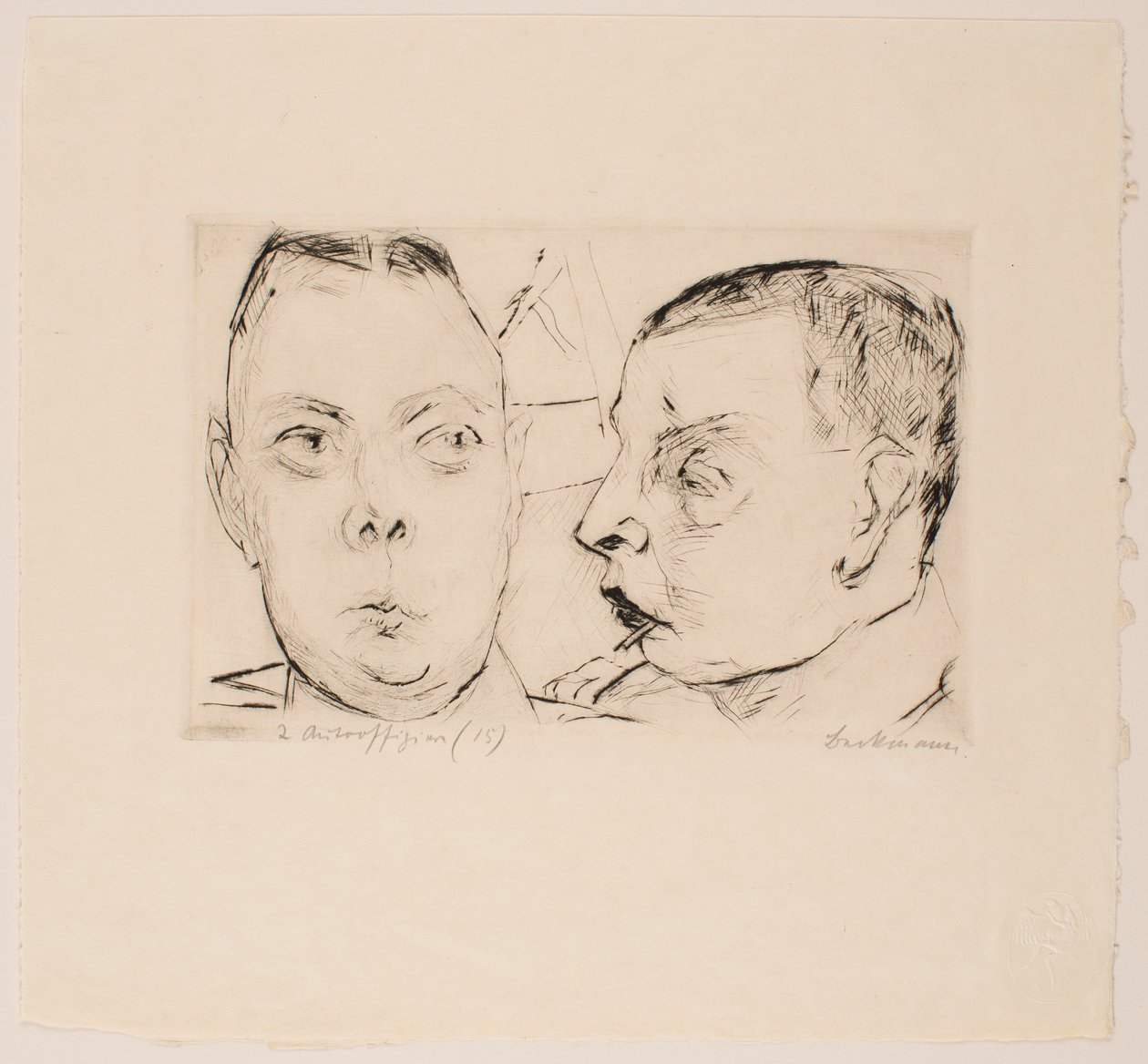 Dva autodůstojníci, deska 15 z portfolia „Faces“ od Max Beckmann