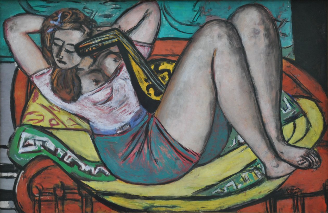 Žena s mandolínou ve žluté a červené barvě od Max Beckmann