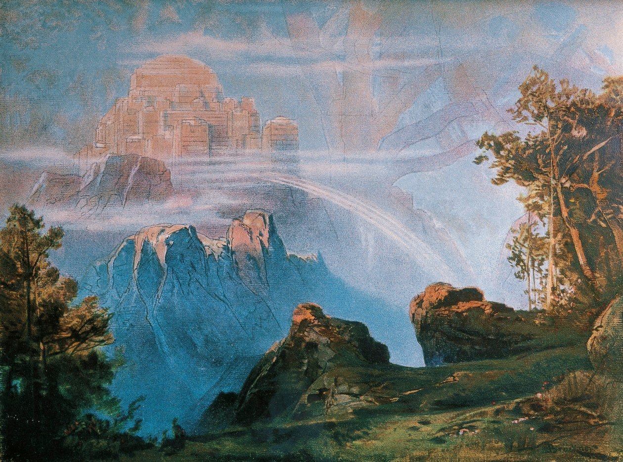 Německo, Bayreuth, Walhalla, pozadí pro scénický návrh Prstenu Nibelungů od Richarda Wagnera (1813-1883) od Max Bruckner