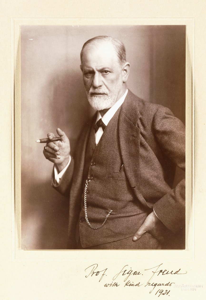Podepsaná fotografie Sigmunda Freuda, kolem roku 1921 (sépiová fotografie) od Max Halberstadt