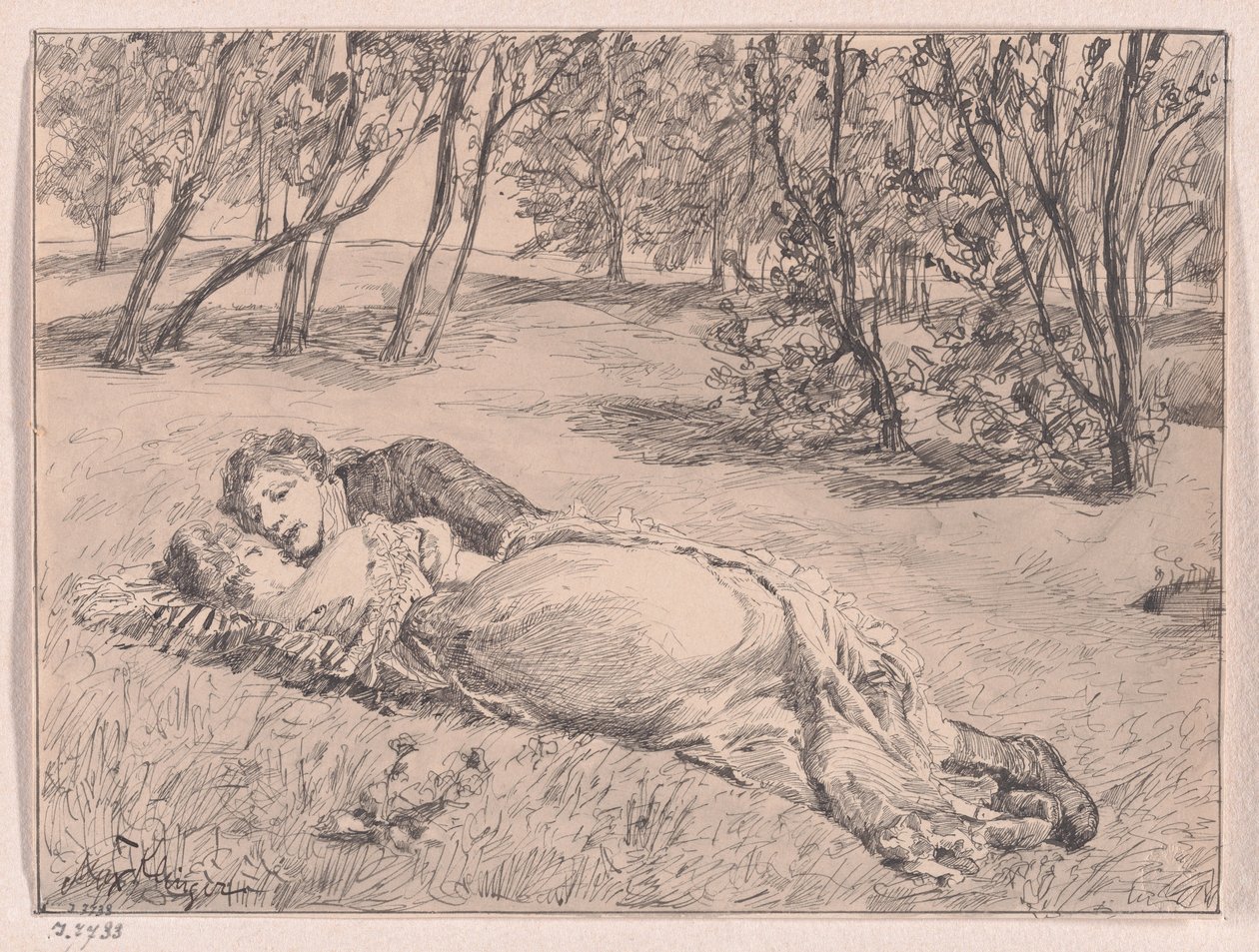 Pár v trávě – objetí v krajině (A Couple on the Grass – An Embrace in a Landscape) od Max Klinger