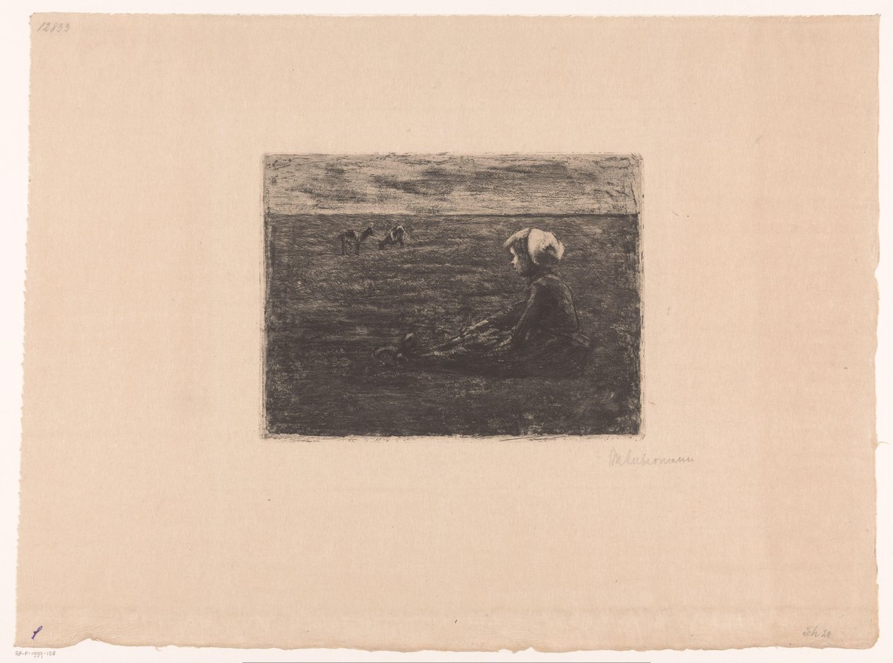 Mladý pastevec koz sedí na poli od Max Liebermann (signed by artist)