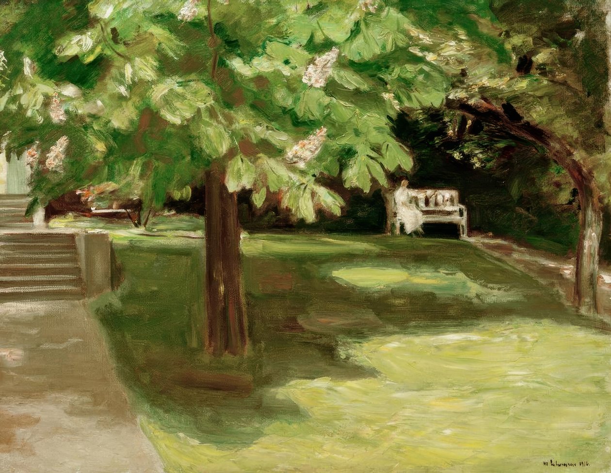 Zahradní lavička pod kaštanem - kaštany v květu od Max Liebermann