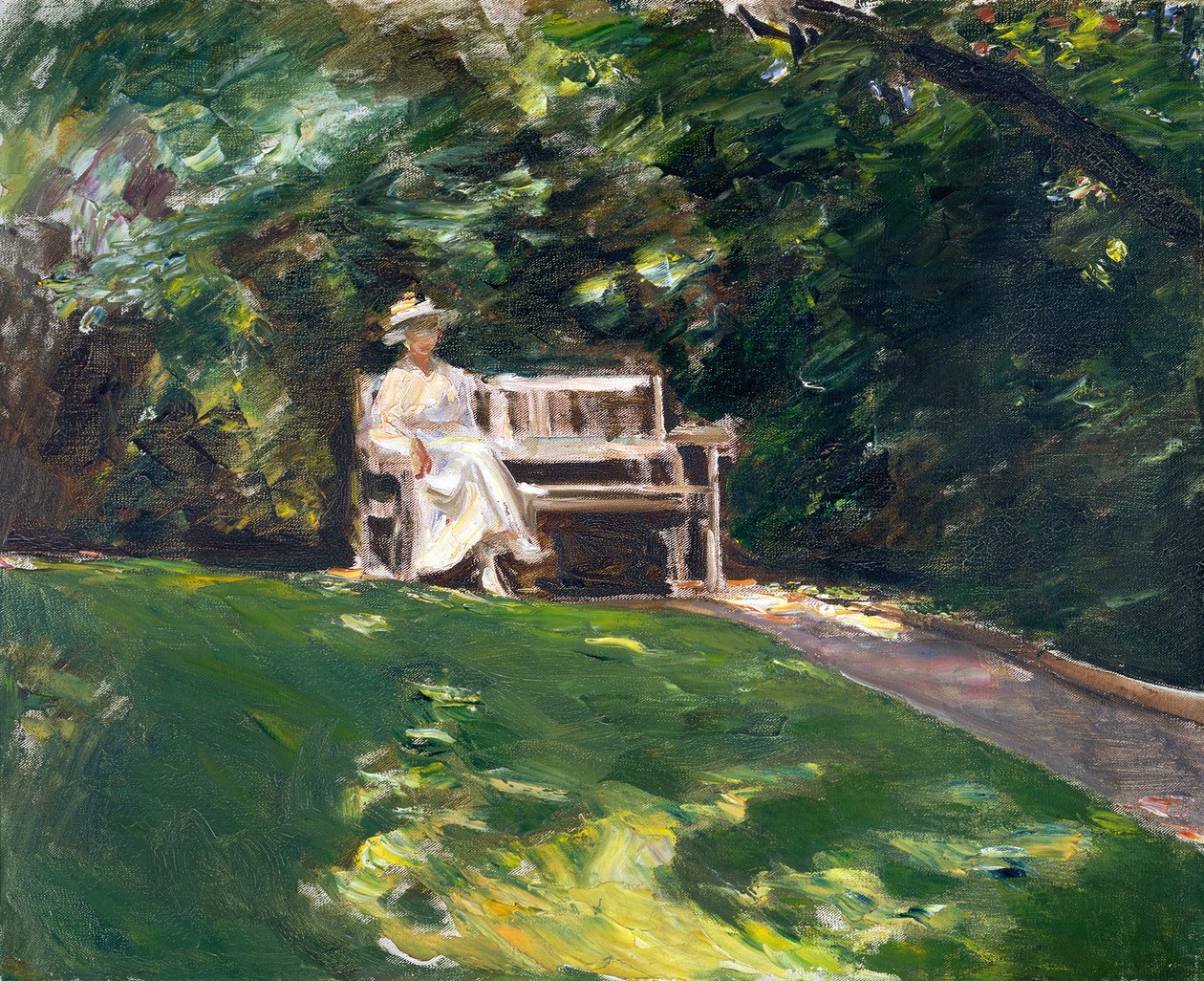 Postava jeho dcery na bílé zahradní lavičce od Max Liebermann