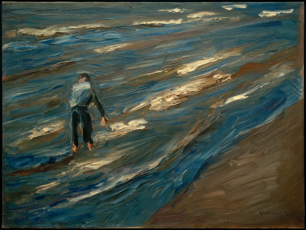 Rybáři slávek na pláži - modré moře od Max Liebermann