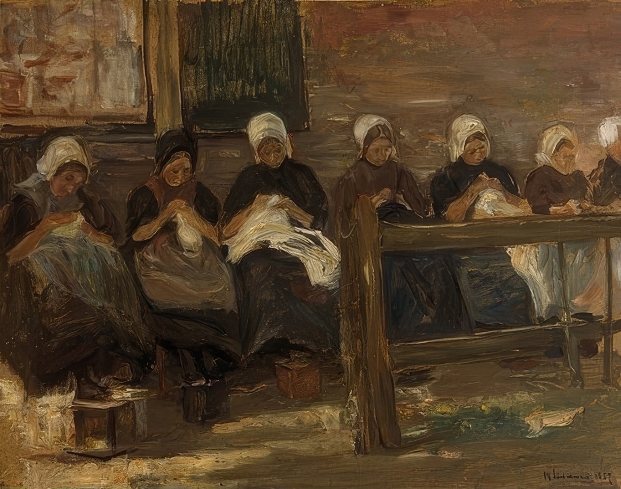 Šití dívek v Huyzenu - Studium se sedmi postavami. 1889 od Max Liebermann