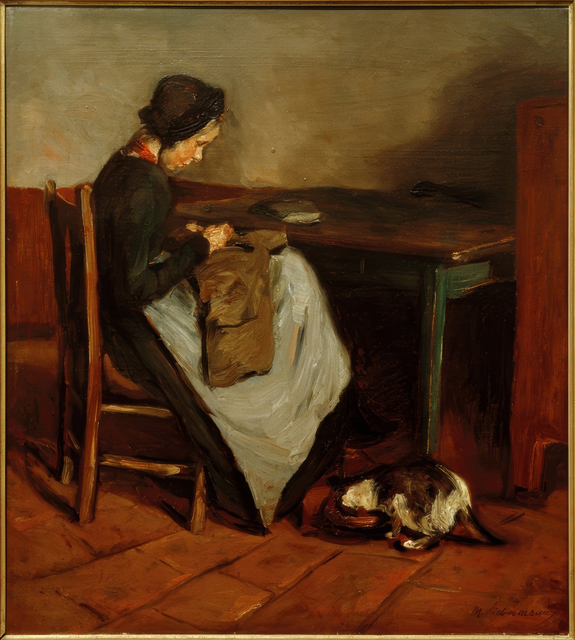 Šití dívka s kočkou - holandský interiér od Max Liebermann