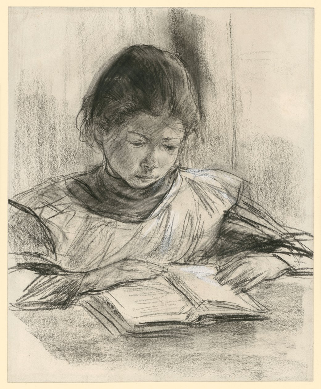 Portrét dcery umělce. Portrét zepředu u stolu, jak čte od Max Liebermann
