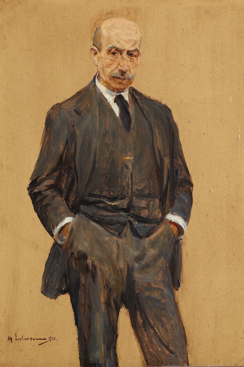 Autoportrét, postava v tříčtvrtečním pohledu, obě ruce v kapsách kalhot od Max Liebermann