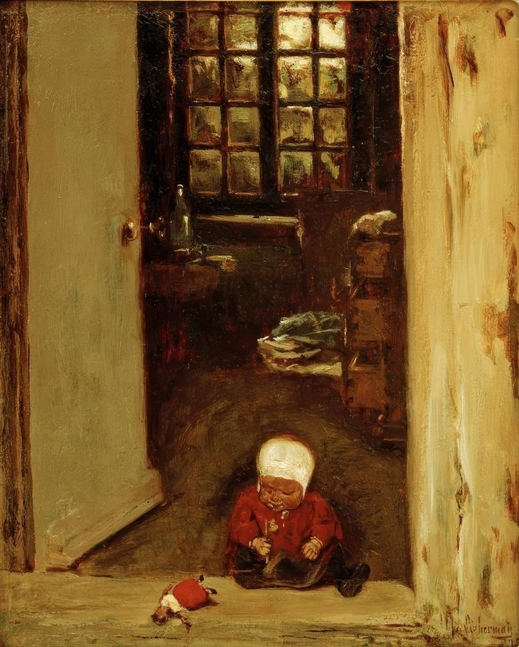 Hrající si dítě v předních dveřích od Max Liebermann