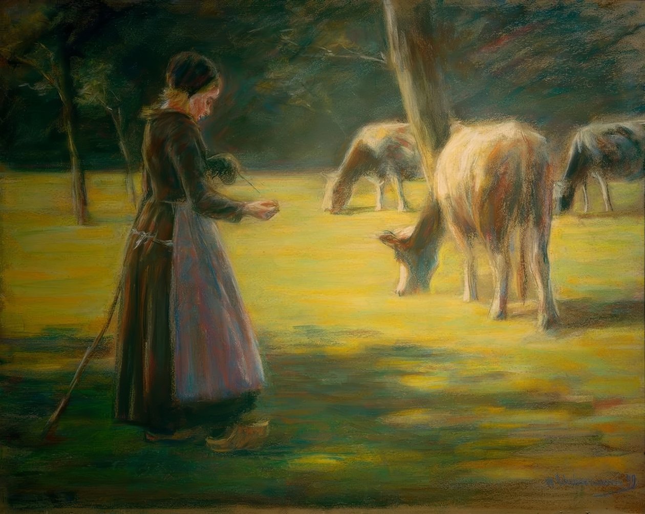 Předení na pastvě - Na slunci od Max Liebermann