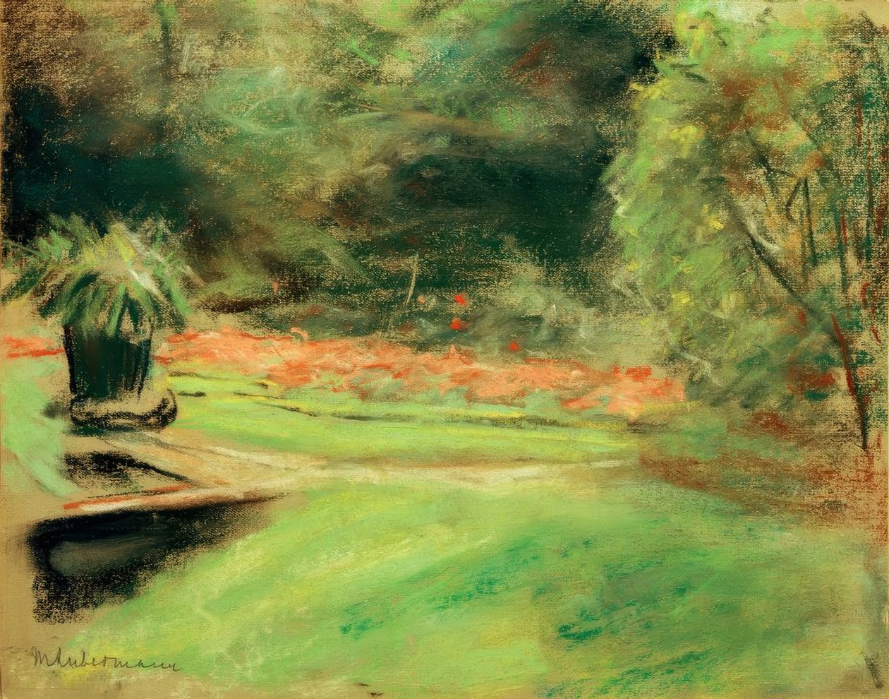 Zahrada Wannsee, výhled na terasu s květinovými záhony a od Max Liebermann