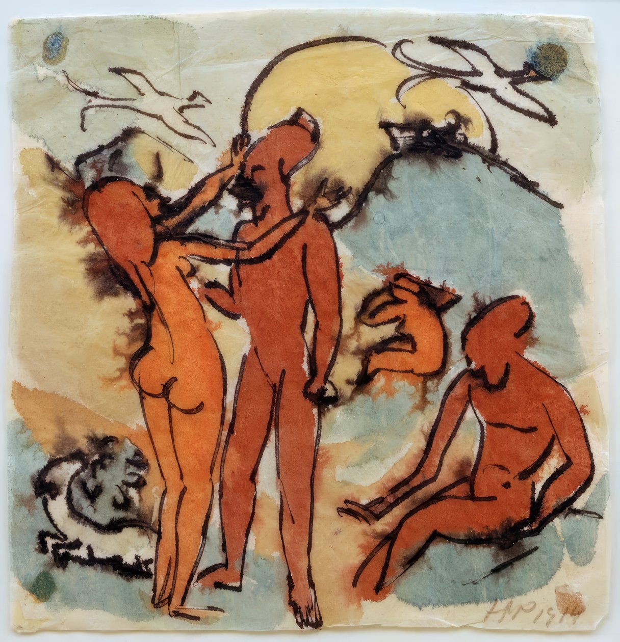 Koupací scéna s ptáky kormidelníky od Max Pechstein