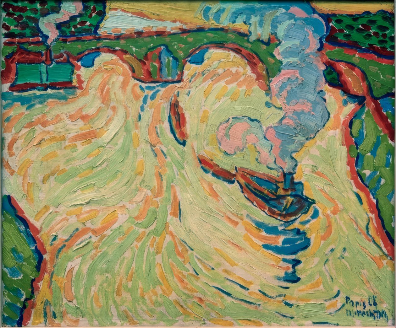 Most Seine s malým parníkem od Max Pechstein