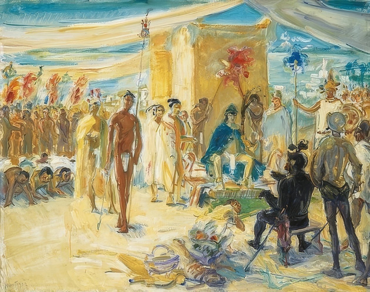 Fernando Cortez před císařem Montezumou z Mexika. 1917 od Max Slevogt