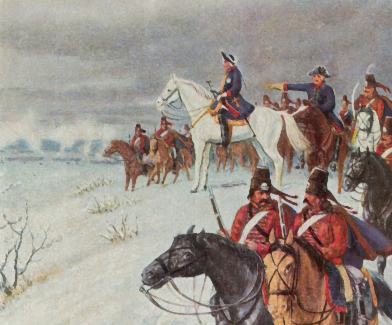 Fridrich Veliký na Bornerském vrchu v bitvě u Leuthenu, 5. prosince 1757 (barevná litografie) od Max Weese
