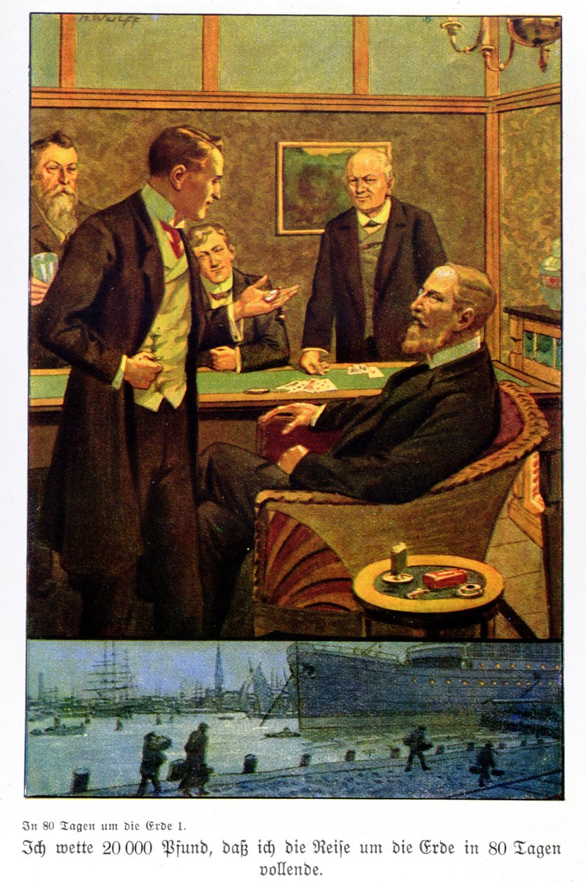 Phileas Fogg se v Reformním klubu vsadil, že může procestovat svět za 80 dní, ilustrace z vydání vydaného v Berlíně od Max Wulff