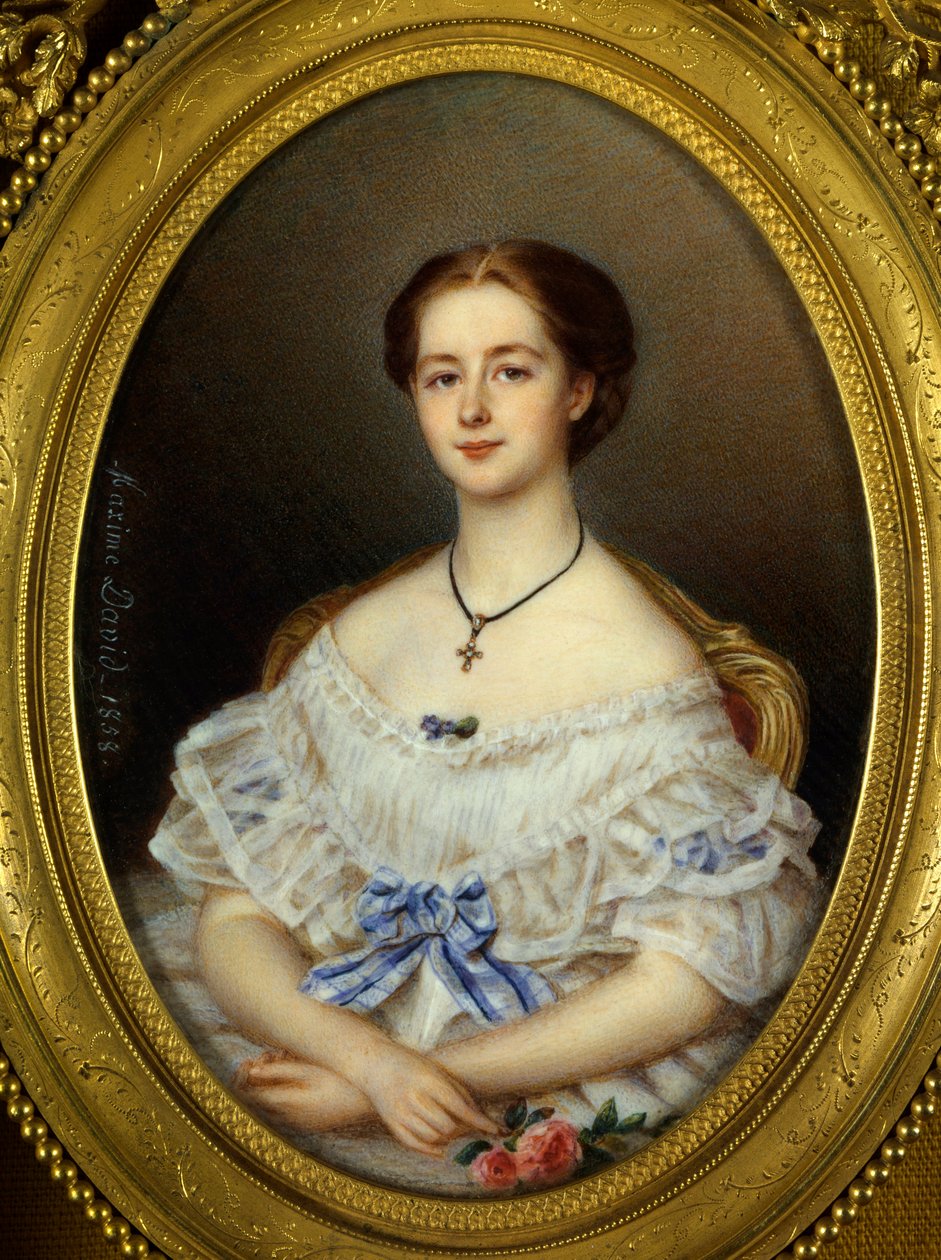 Portrét ženy s modrou stuhou Malba Maxime Davida (19. století) 1858 Paříž, dekorativní umění. od Maxime David