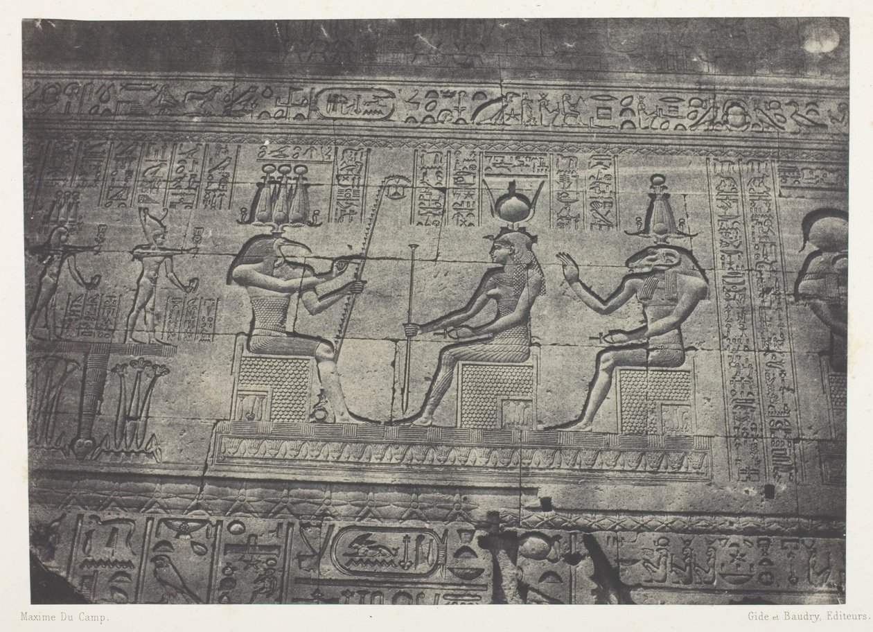 Velký chrám v Denderahu (Teutyres), sochy ze zadního průčelí; Horní Egypt, deska 19 z alba "Egypte, Nubie, Palestine et Syrie" (1852) od Maxime Du Camp