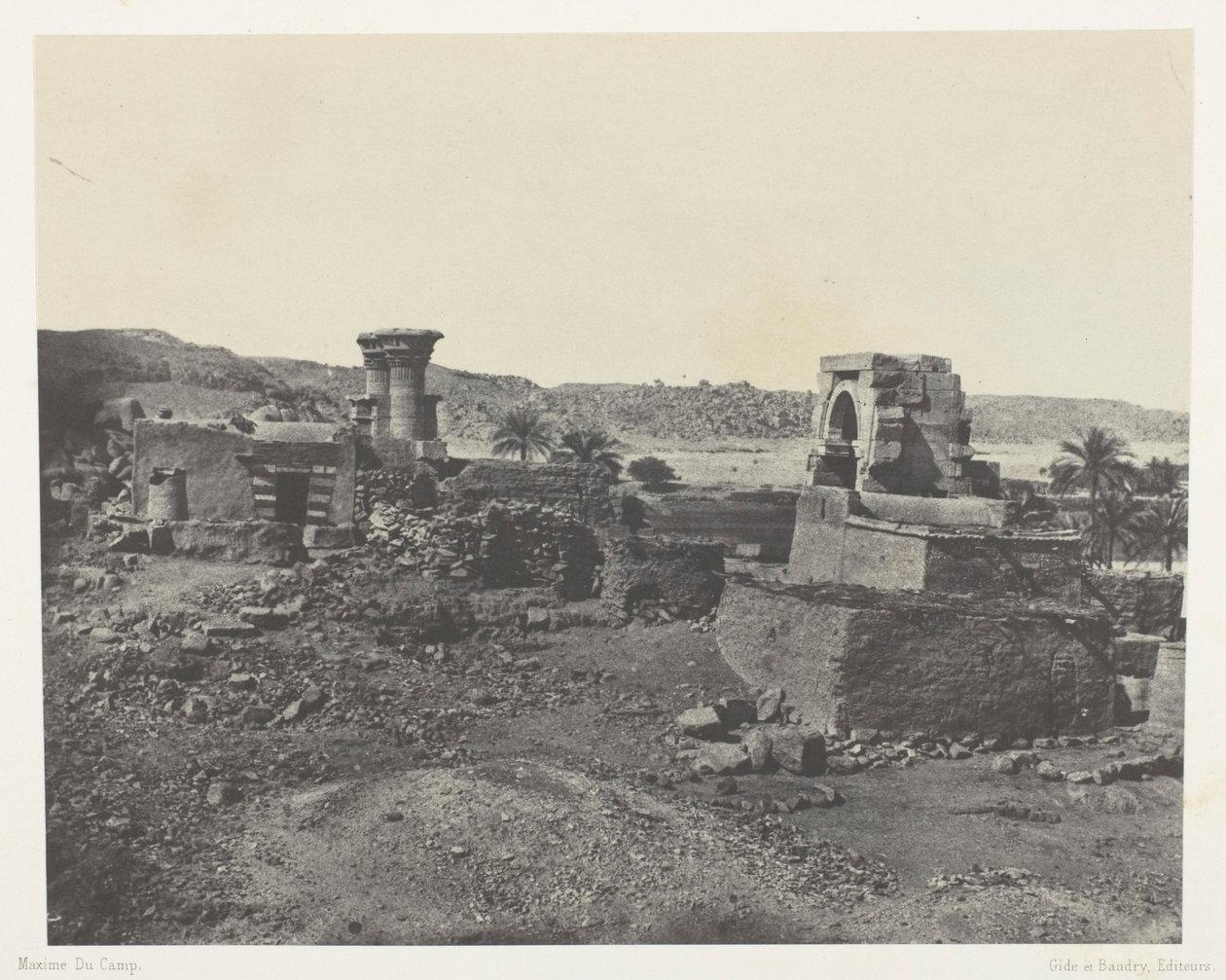 Vesnice a chrám na ostrově Beghé, západně od Philoe; Núbie, deska 81 z alba "Egypte, Nubie, Palestine et Syrie" (1852) od Maxime Du Camp