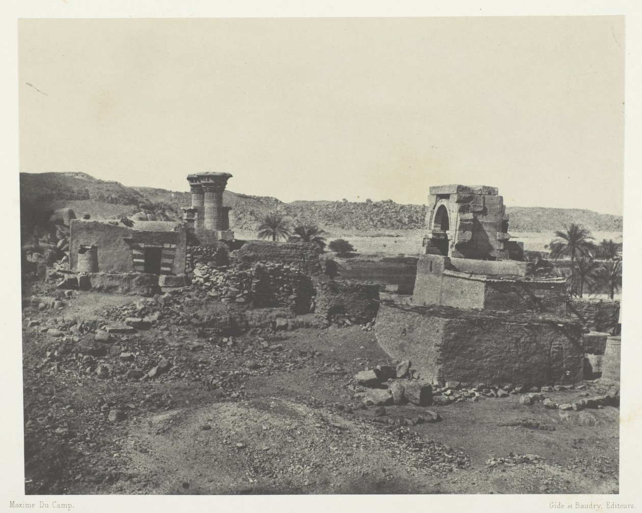 Vesnice a chrám na ostrově Beghé, západně od Philoe; Núbie, deska 81 z alba "Egypte, Nubie, Palestine et Syrie" (1852) od Maxime Du Camp