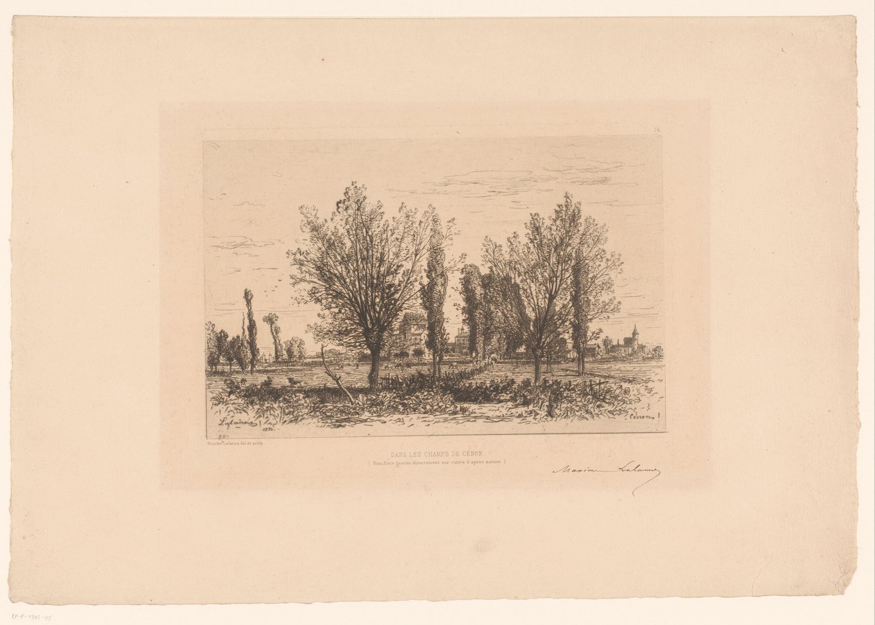 Krajina s loukou a výhledem na město Tanec les champs de Cenon. (název na objektu) od Maxime François Antoine Lalanne (signed by artist)