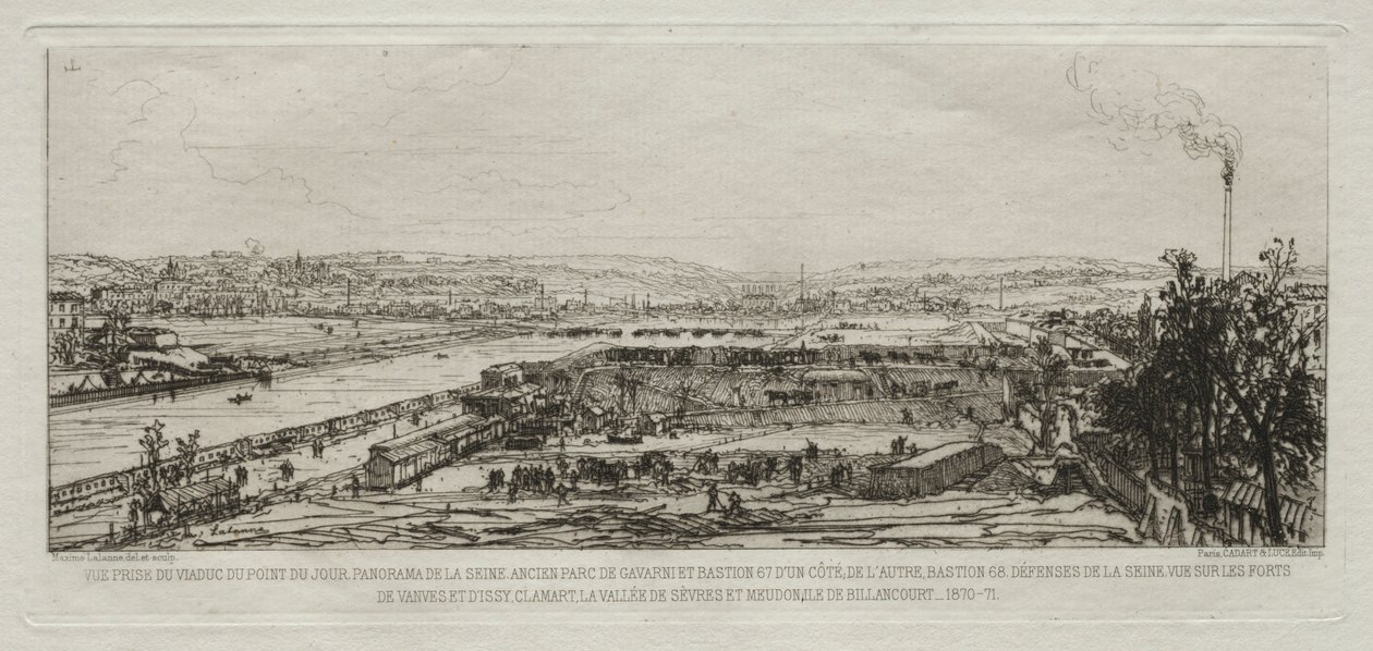 Souvenir artistiques du Siège de Paris: Cena Vue du viaduc du Pont-du-Jour..., 1870-71. od Maxime Lalanne