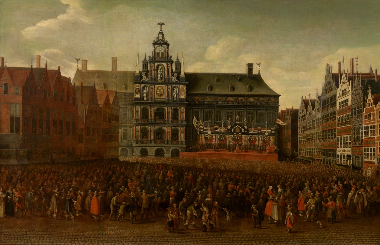Vyhlášení Münsterského míru na náměstí Grote Markt v Antverpách od Maximiliaen Pauwels