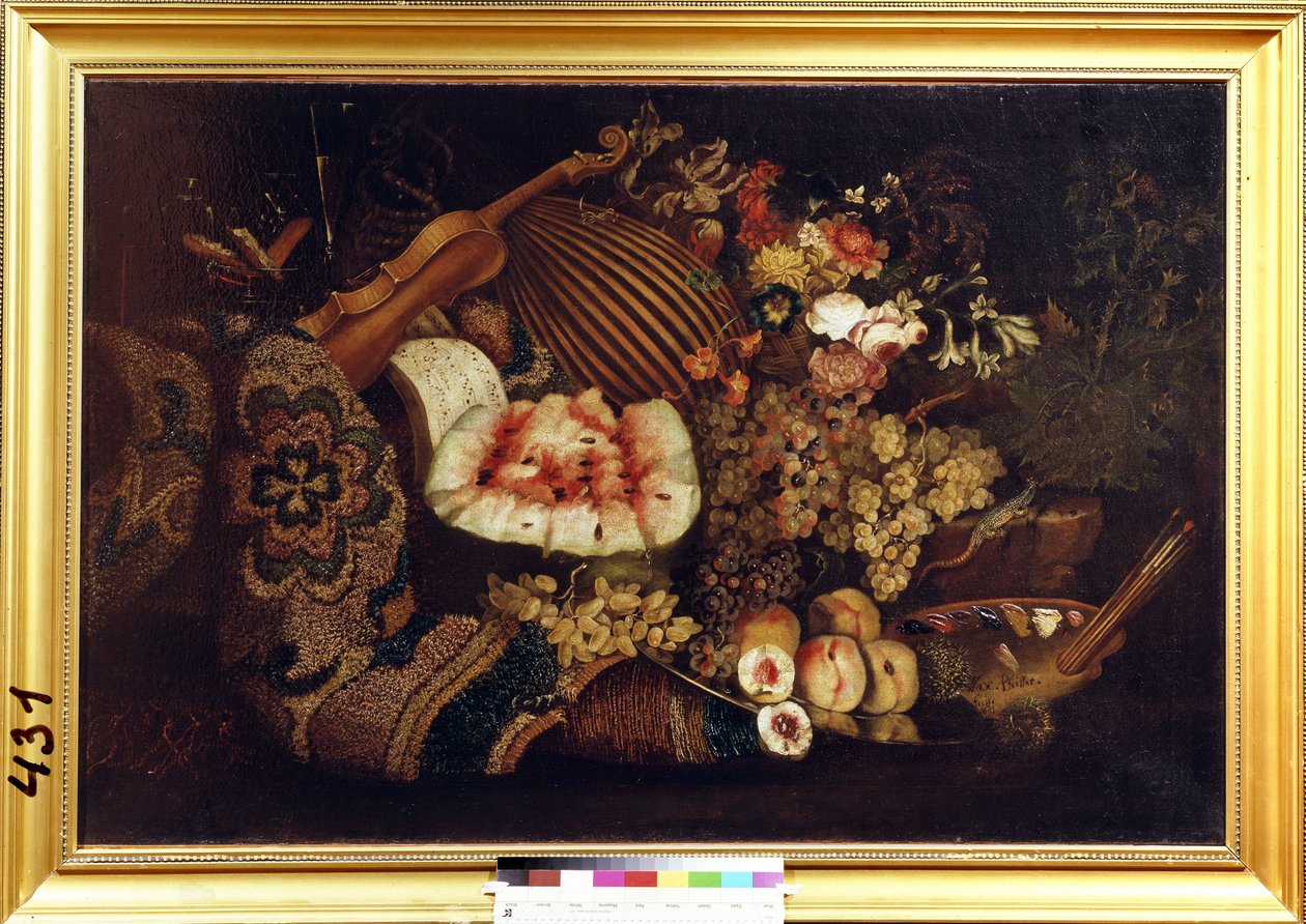 Stálý život. Květiny, meloun, meruňky, hrozny, noty, housle, mandolína, ještěrka a paleta s barvami a štětci. Obraz Maxmiliána Pfeilera (asi 1660-1720) od Maximilian Pfeiler
