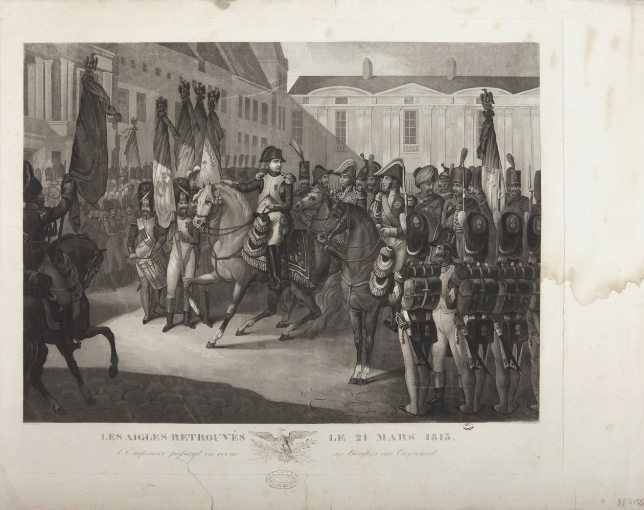Císař prohlíží svá vojska u Carrouselu, 21. března 1815, vyryl Moreau od Maximilien Pierre Kepfer