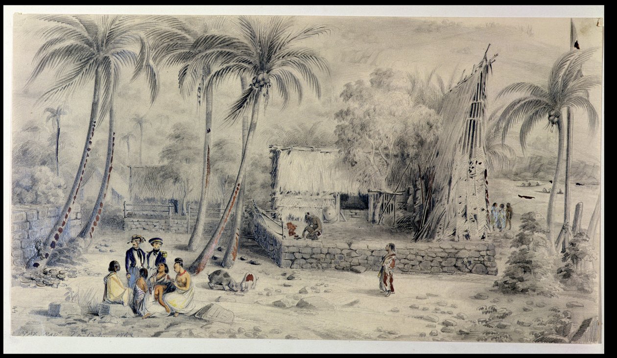 Rodná vesnice na Tahiti, cca 1841-48 (wc, tužka a inkoust na papíře) od Maximilien Radiguet