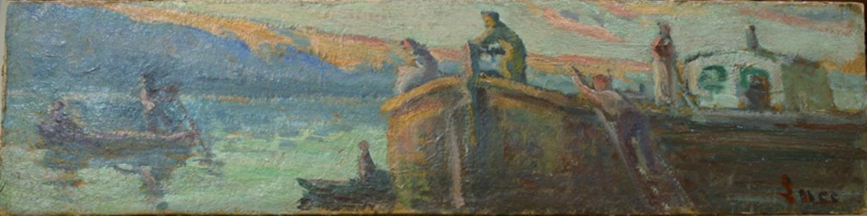 Říční krajina s člunem a čluny od Maximilien Luce