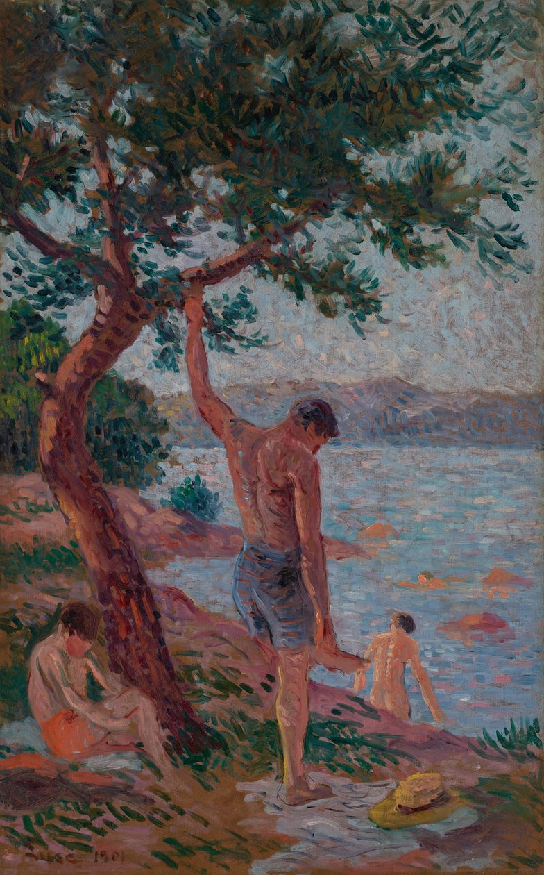 Saint-Tropez, koupající se pod borovým lesem od Maximilien Luce