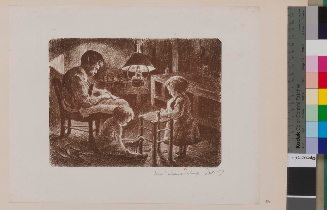 Interiérová scéna pod lampou od Maximilien Luce
