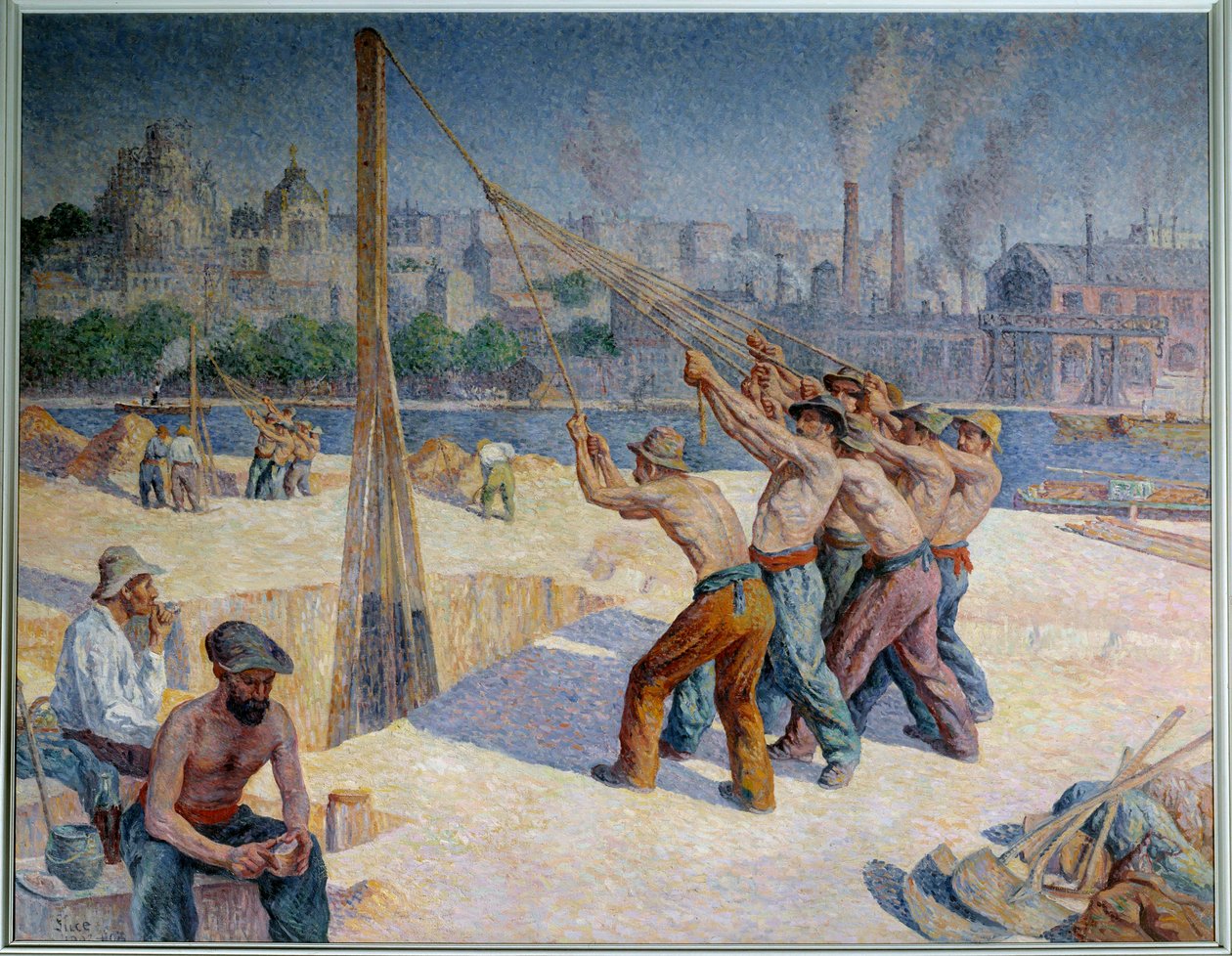 Kůl bubeníci na Quai de la Seine v Billancourt Obraz od Maximiliena Luce (1858-1941) 1903 Rozměr 1,53 x 1,95 m. Paříž, Musee d
