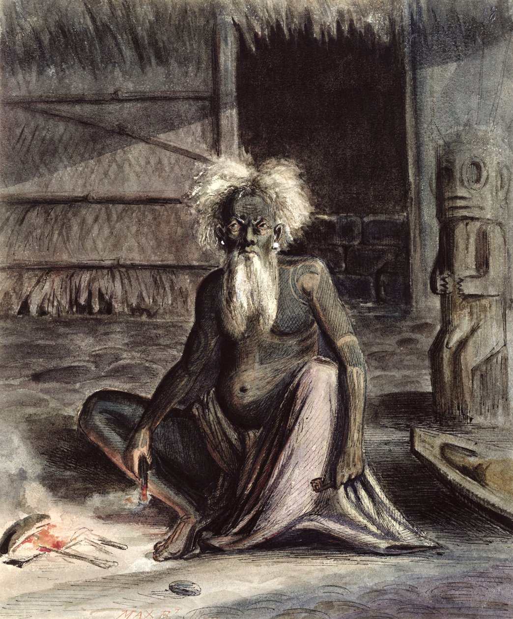 Starý muž z Tahiti sedící poblíž Tiki, kolem 1841-48 (pero a inkoust a wc na papíře) od Maximilien Radiguet