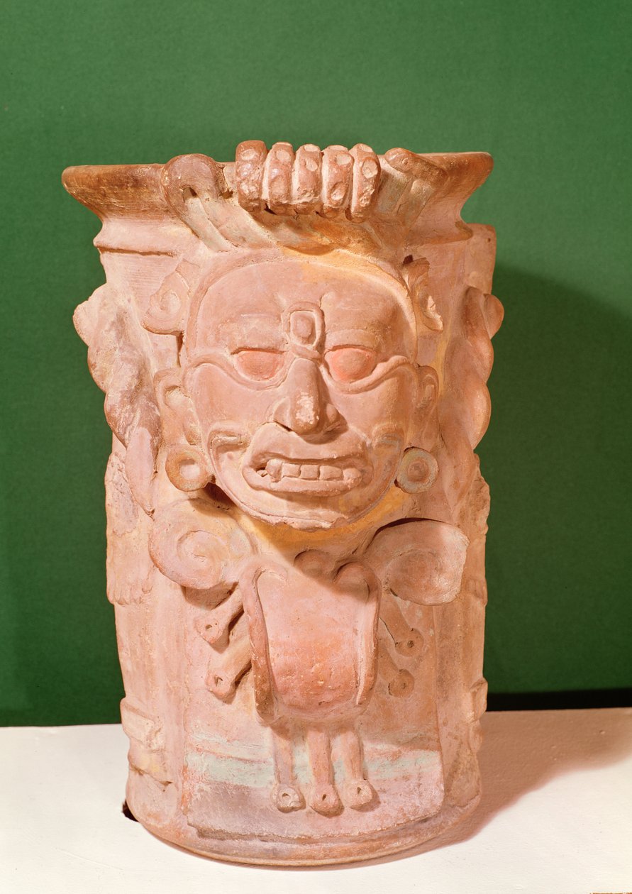 Válcová váza s hlavou boha slunce, klasické období, 7.-10. století (terakota) od Mayan