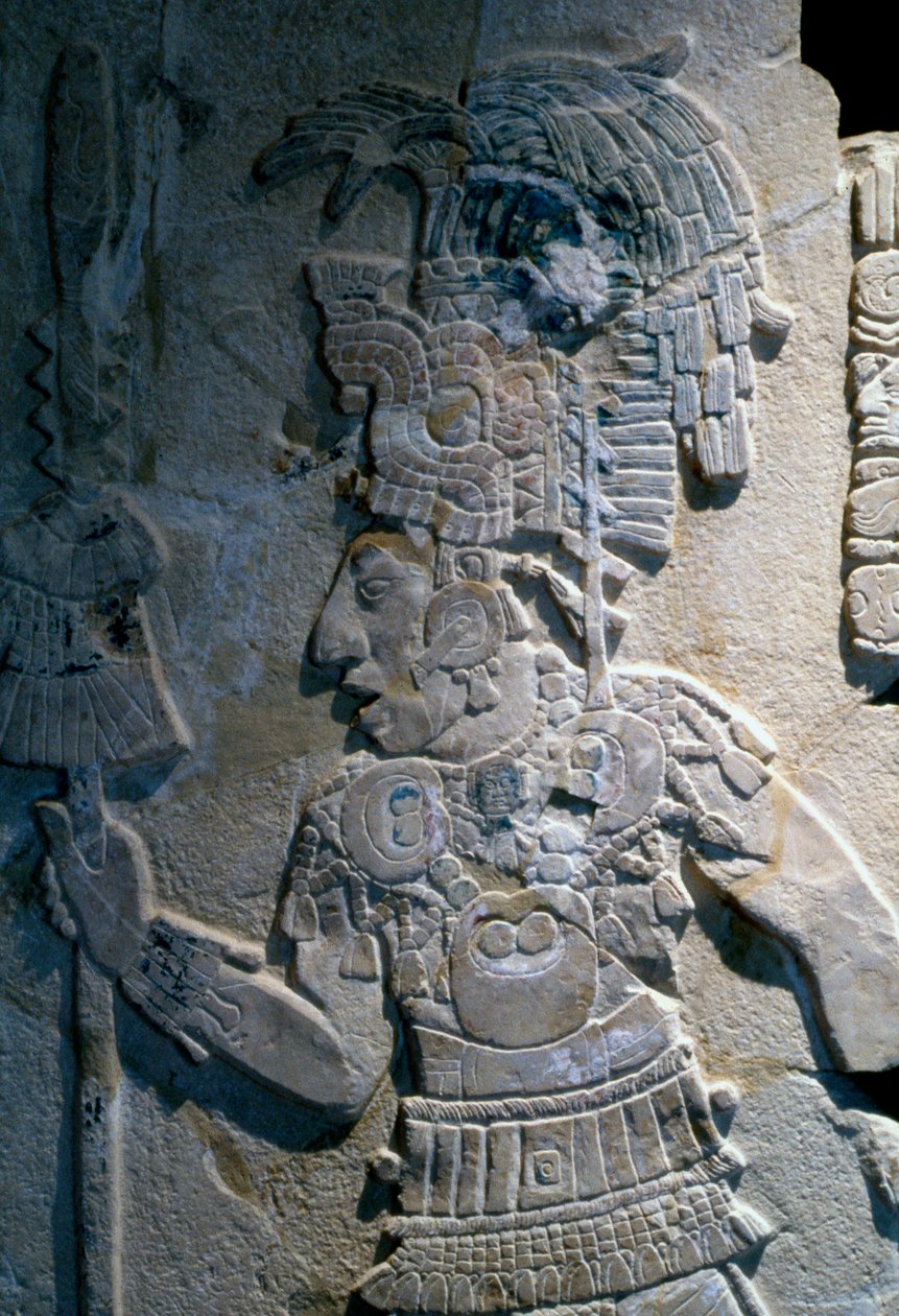 Nízký reliéf zobrazující dobytí Bolon Yoopu Kan Bahlamem II., z chrámu XVII, Palenque, 695 n. l. od Mayan