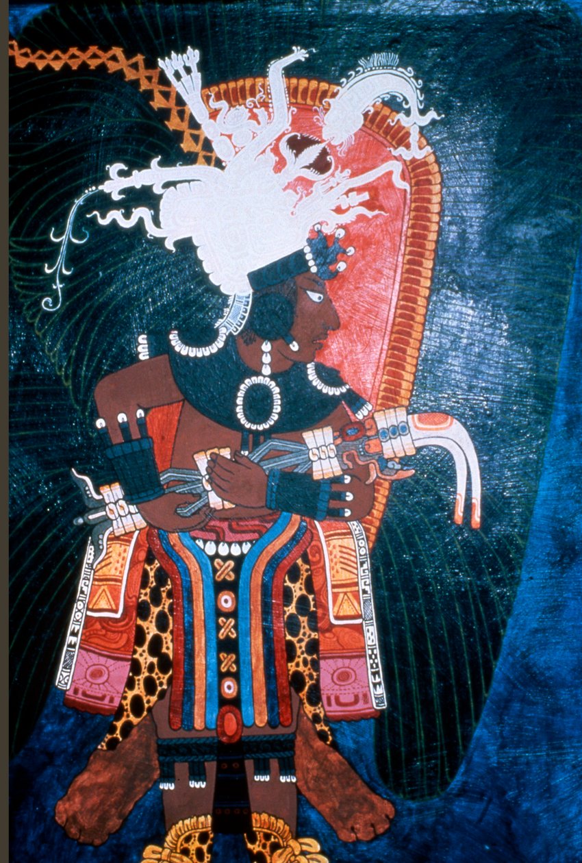 Reprodukce nástěnné malby zobrazující vládce oblečeného pro obřad z Chrámu nástěnných maleb, Bonampak (nástěnná malba) od Mayan