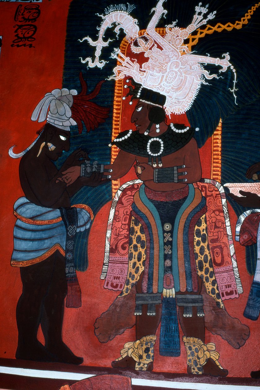 Reprodukce nástěnné malby zobrazující sluhu, jak obléká pravítko pro obřad, z Chrámu nástěnných maleb, Bonampak (nástěnná malba) od Mayan