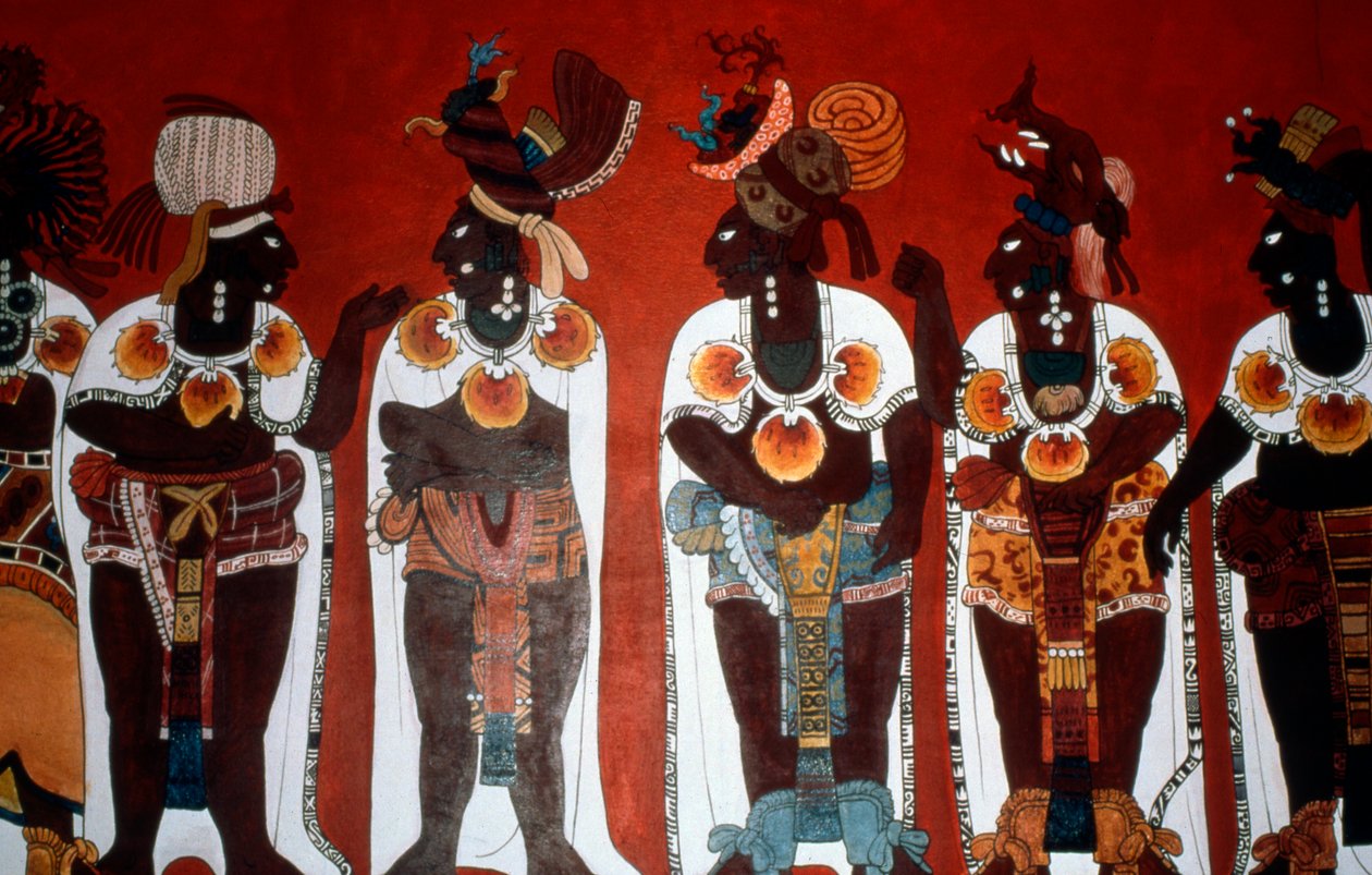 Reprodukce nástěnné malby zobrazující vznešené muže oblečené pro obřad z Chrámu nástěnných maleb v Bonampaku (nástěnná malba) od Mayan