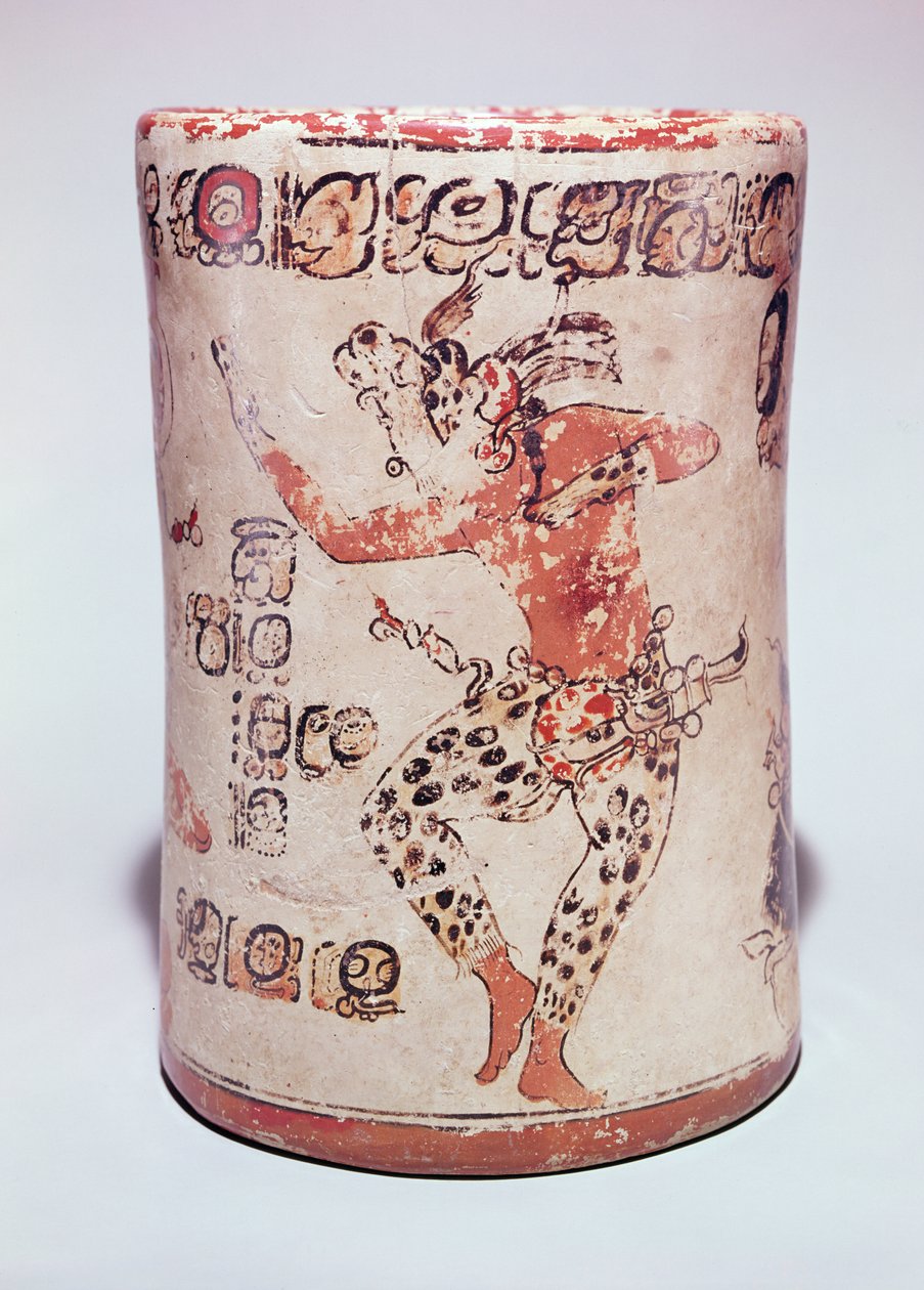 Sklenice zobrazující muže tančícího na sobě s jaguárem, nalezeným v hrobce v Altar de Sacrificios, Classic Maya (keramika) (viz také 351823) od Mayan