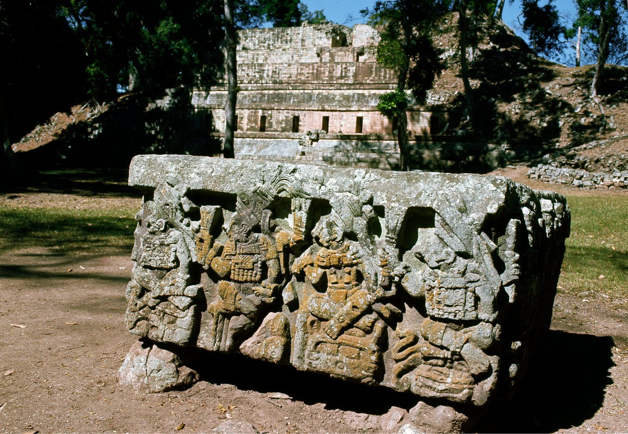 Oltář Q s korunovací krále vycházejícího slunce, 776 našeho letopočtu od Mayan