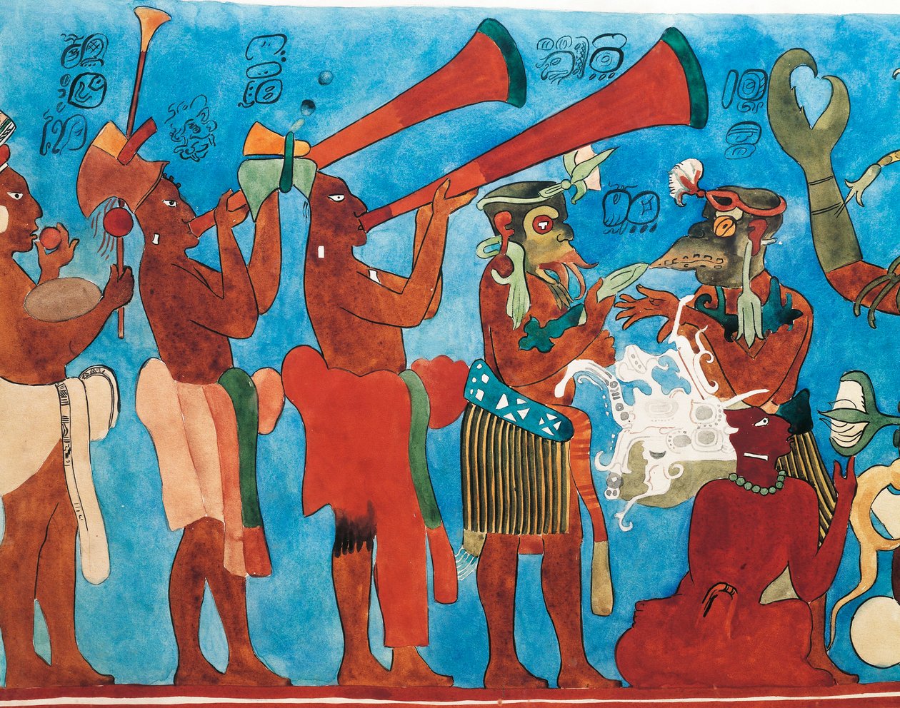 Reprodukce fresek Bonampak, detail s hudebníky z Mexika, Chiapas, Bonampak (freska) od Mayan