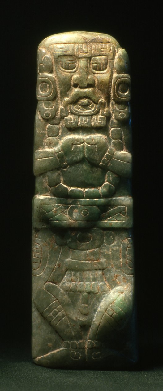 Soška umístěná ve věnování na Hieroglyfickém schodišti, Copan, pozdní klasické období (600-900) (nefrit) od Mayan