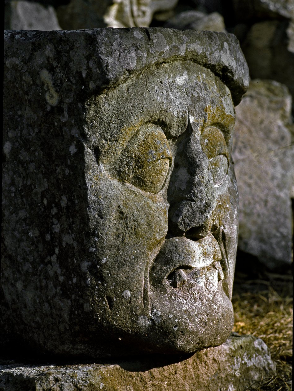 Kamenná plastika mužské hlavy z východní akropole od Mayan