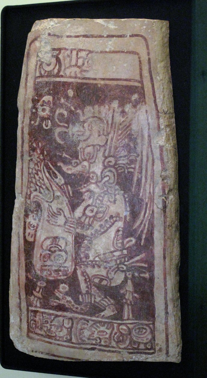 Víko trezoru s malbou Boha K"Awiil a hieroglyfickým textem, oblast Chenes, Yucatan, období pozdní klasiky, 600-900 našeho letopočtu od Mayan