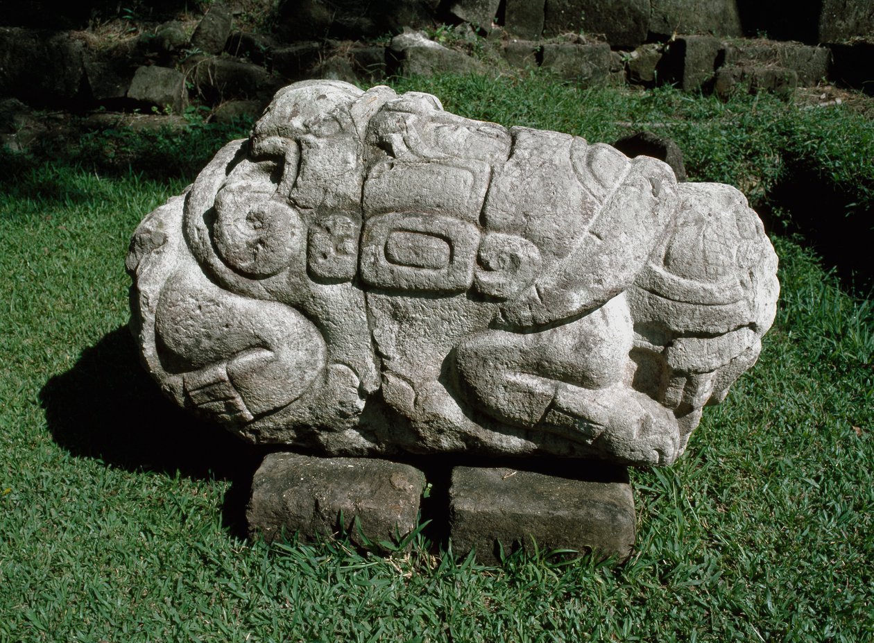 Zoomorfní oltář vyřezaný v bloku gresu od Mayan